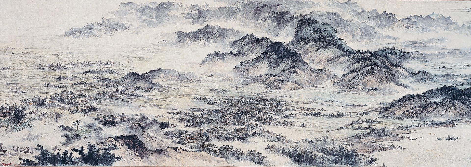 黃君璧、張大千等，《寶島長春圖卷》局部－嘉南平原、臺南市，水墨、彩、絹，1982，241 x 6571 cm，國立歷史博物館藏。