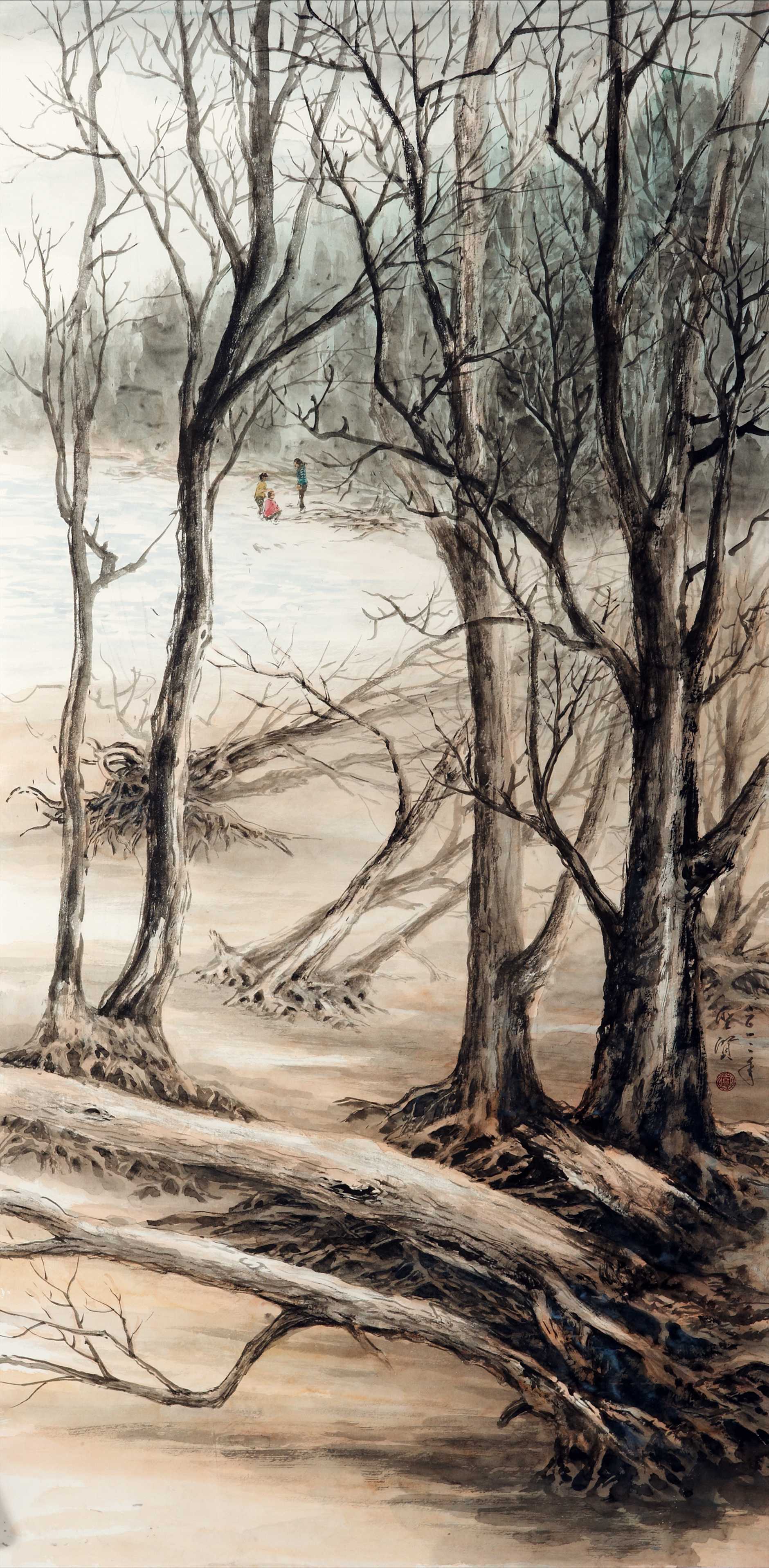 〈雙春海濱浩劫〉，2011，彩墨，135×70 cm，藝術家自藏。