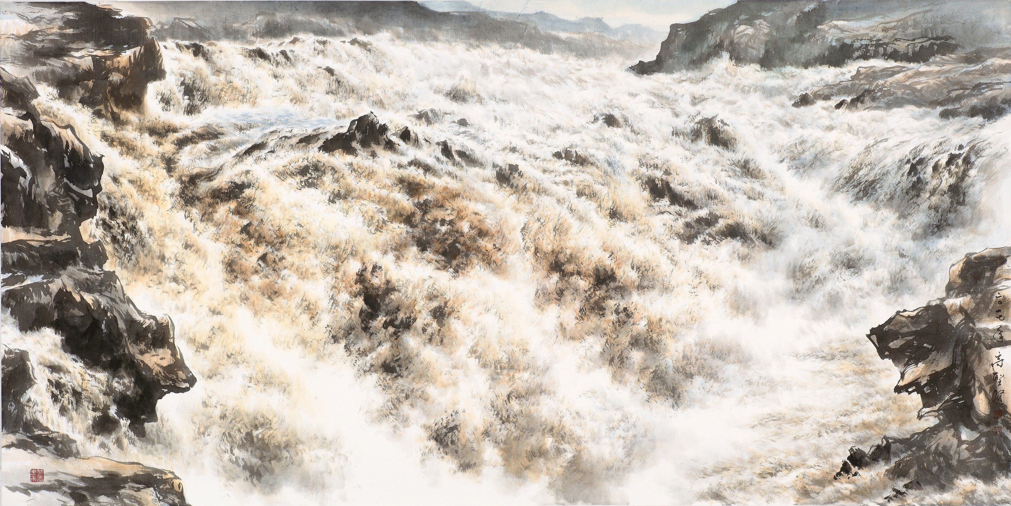 〈飛流〉，2018，彩墨，90×180 cm，藝術家自藏。