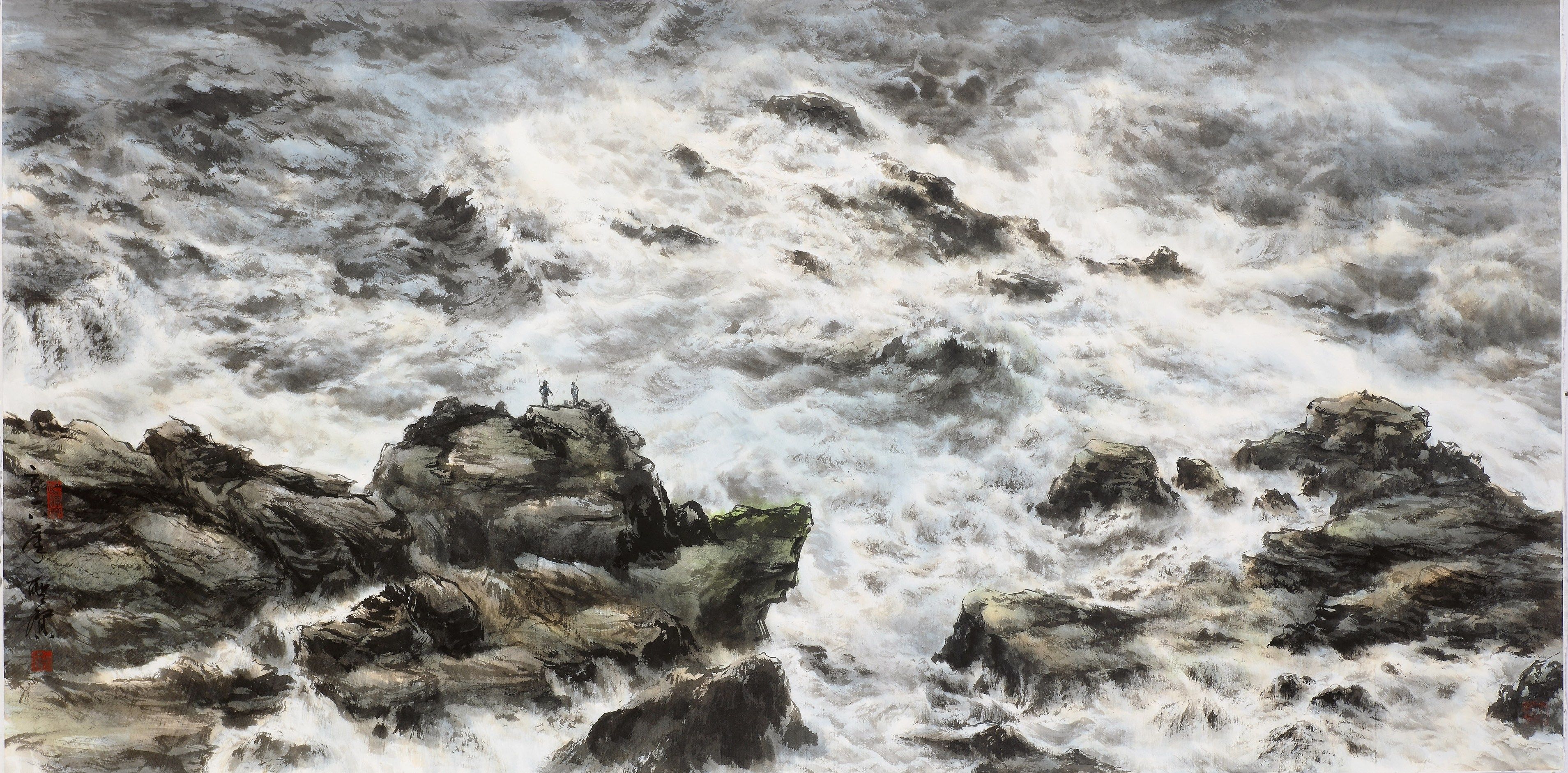 〈北海濤聲〉，2018，彩墨，90×180 cm，藝術家自藏。
