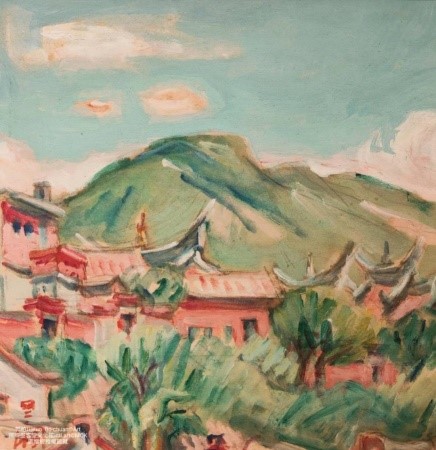 郭柏川，〈三峽老房子〉，1953，宣紙、油彩，125×125 cm。