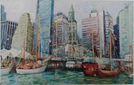 沈哲哉，〈紐約市南街港口〉，1993，油畫，80×127 cm，臺南市美術館典藏。