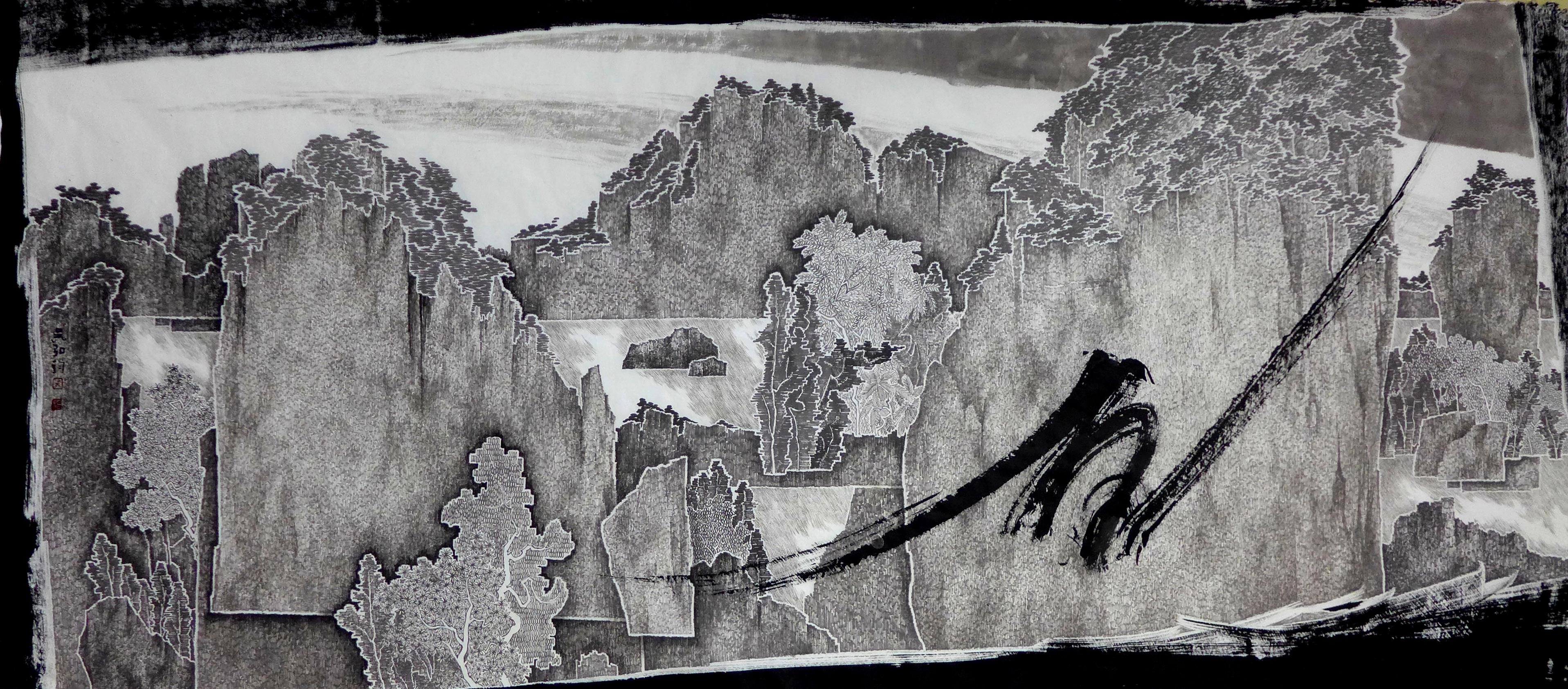 吳弘鈞，〈觀看的角度〉，2019，水墨，216×96 cm，藝術家自藏。